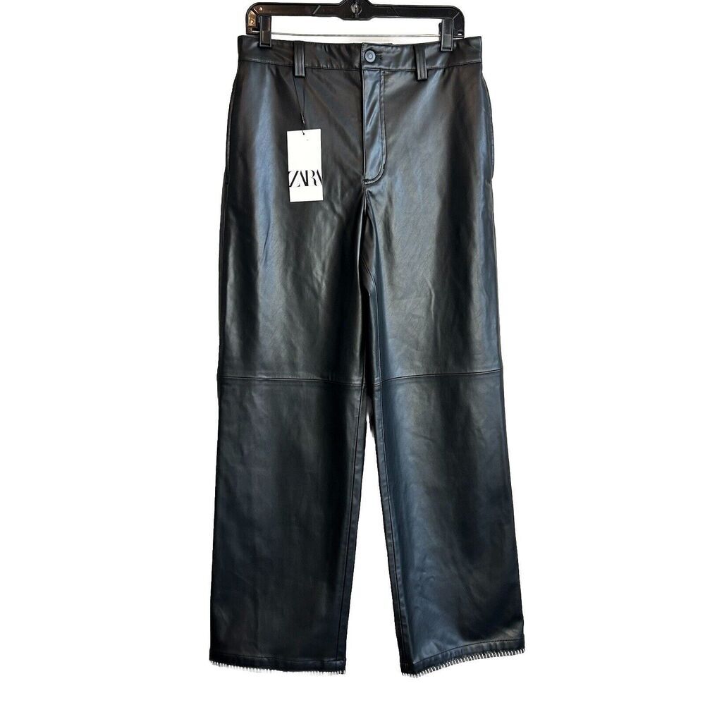 ZARA Pants Womens S Faux Leather Black Vegan Wide Leg Baggy Biker Gothic Moto